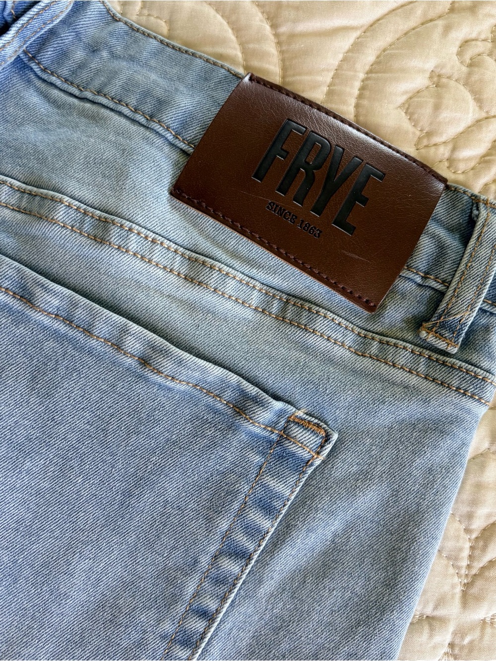 Frye Light Blue Denim Jeans with Brown Leather Patch - Picture 3 of 5